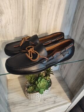 Polo Ralph Lauren Men's Black Leather Driving Loafers with Brown Laces SZ 9 New
